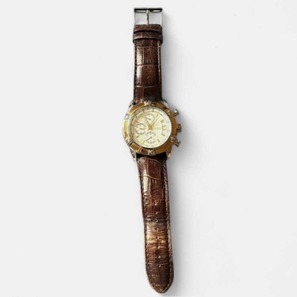 GUESS Men’s Chronograph Watch Gold Tone Brown Leather Tachymeter Silver Dial